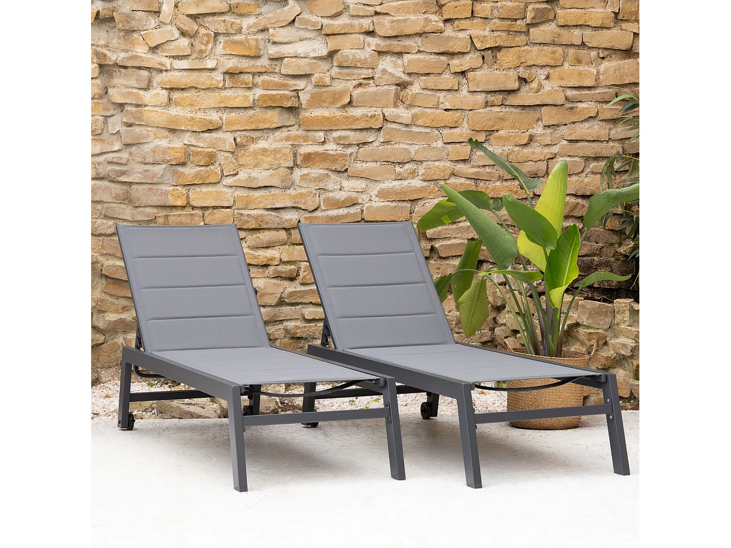 Lot de 2 bains de soleil BARBADOS en textilène gris - aluminium gris anthracite - HAPPY GARDEN