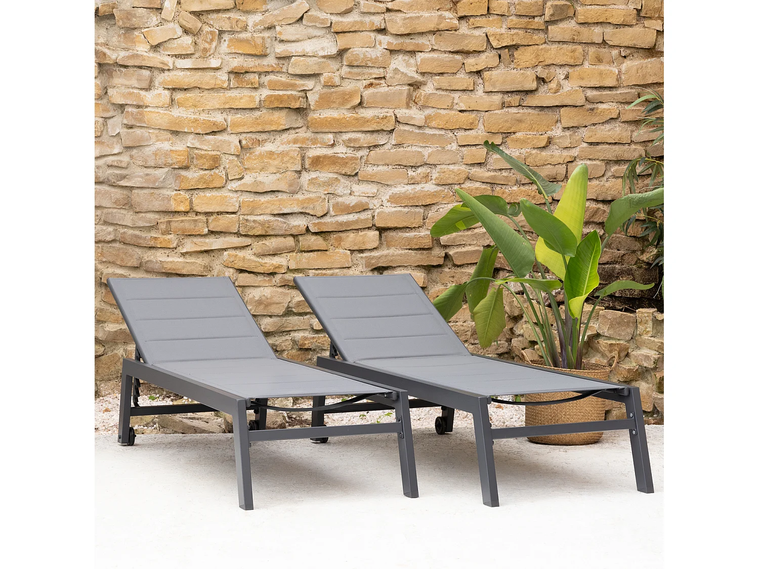 Lot de 2 bains de soleil BARBADOS en textilène gris - aluminium gris anthracite - HAPPY GARDEN
