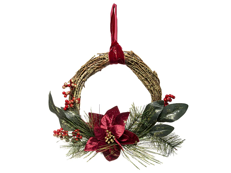 Couronne de  Noël Poinsettia en velours bordeaux avec décoration D 38 cm