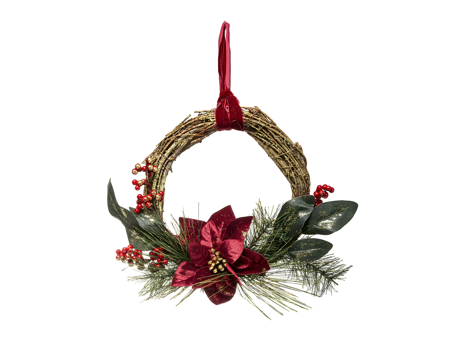 Couronne de  Noël Poinsettia en velours bordeaux avec décoration D 38 cm
