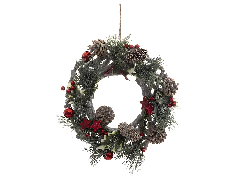 Couronne de Noël en Bois avec branchage et déco rouge pailletée D 30 cm