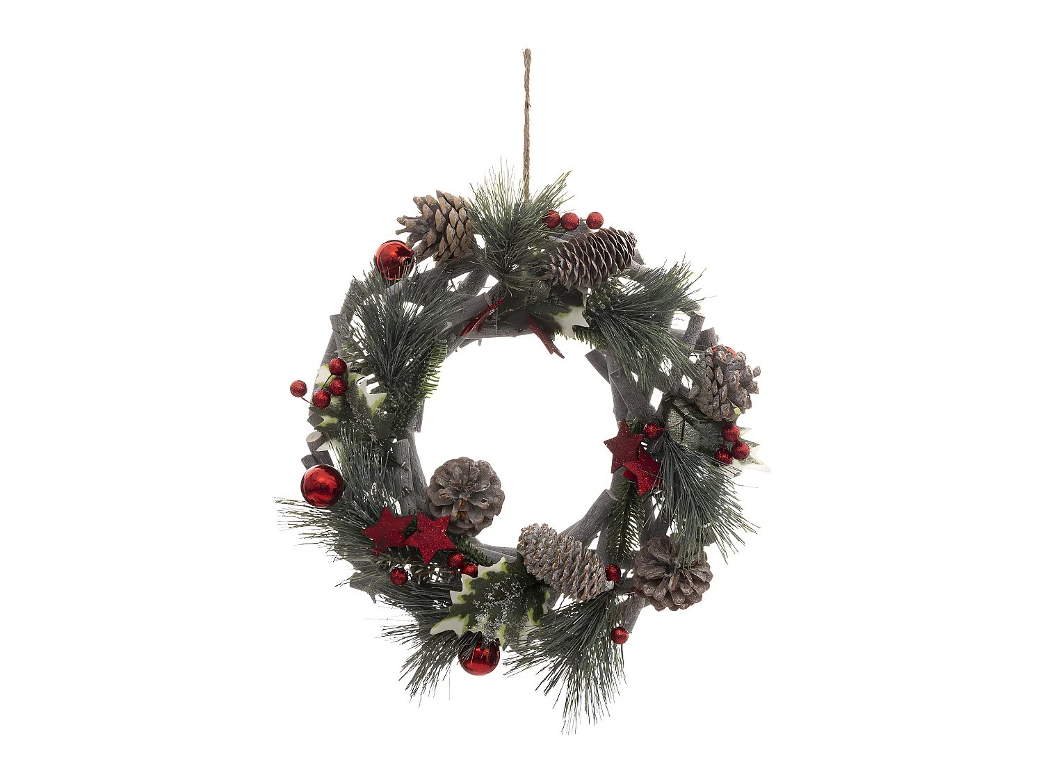Couronne de Noël en Bois avec branchage et déco rouge pailletée D 30 cm