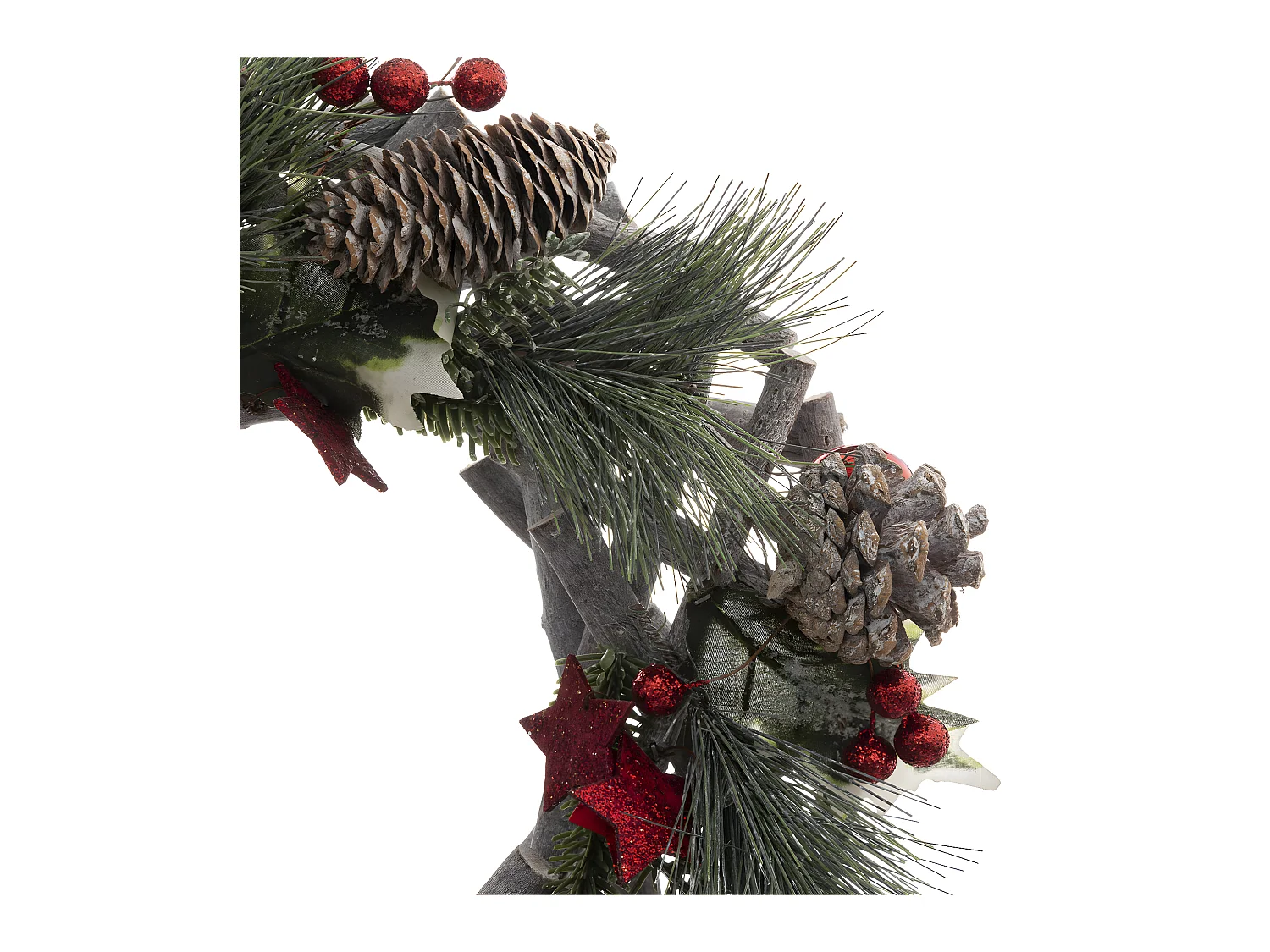 Couronne de Noël en Bois avec branchage et déco rouge pailletée D 30 cm