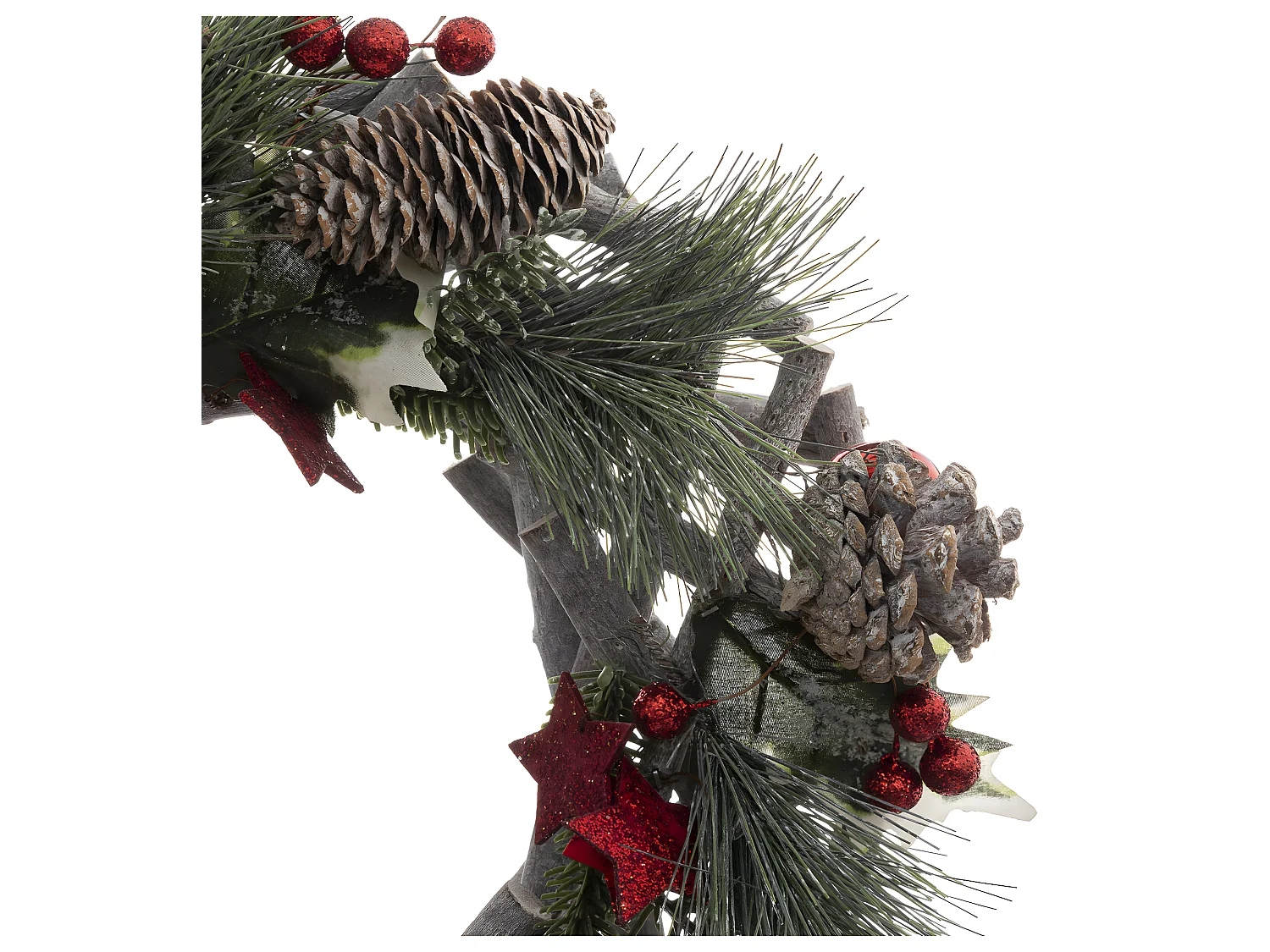 Couronne de Noël en Bois avec branchage et déco rouge pailletée D 30 cm
