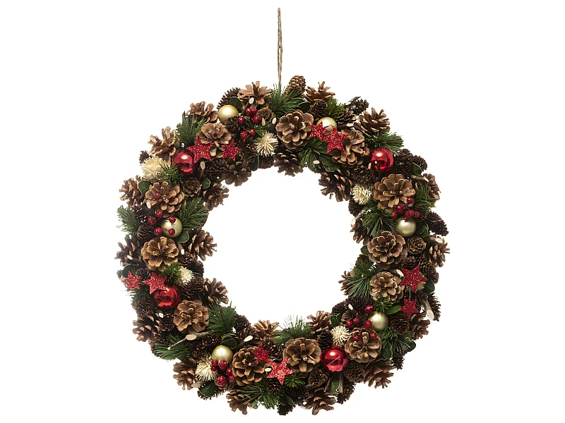 Couronne de Noël avec Houx Pomme de pins et Étoiles paillettes rouge D 50 cm