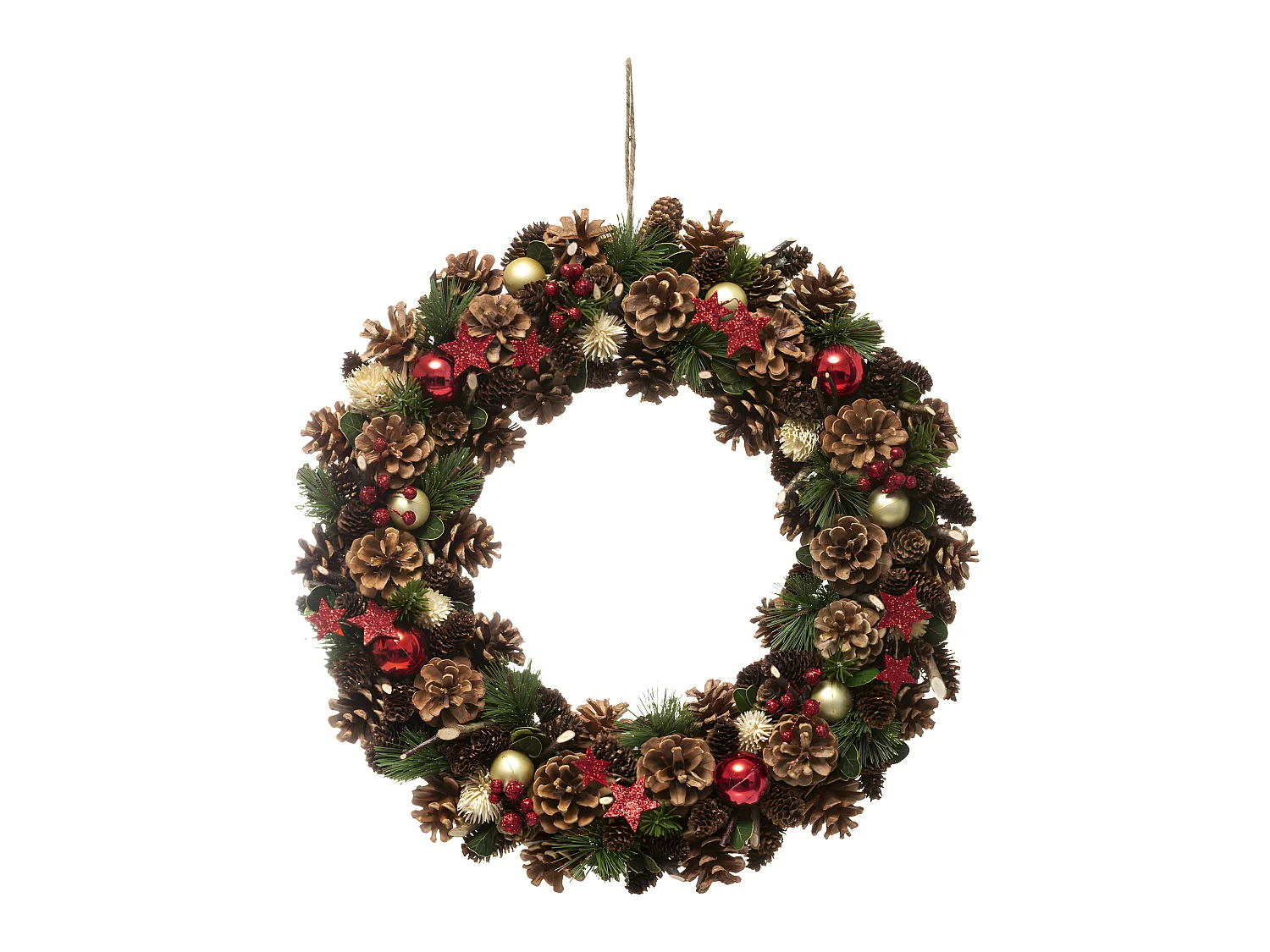 Couronne de Noël avec Houx Pomme de pins et Étoiles paillettes rouge D 50 cm