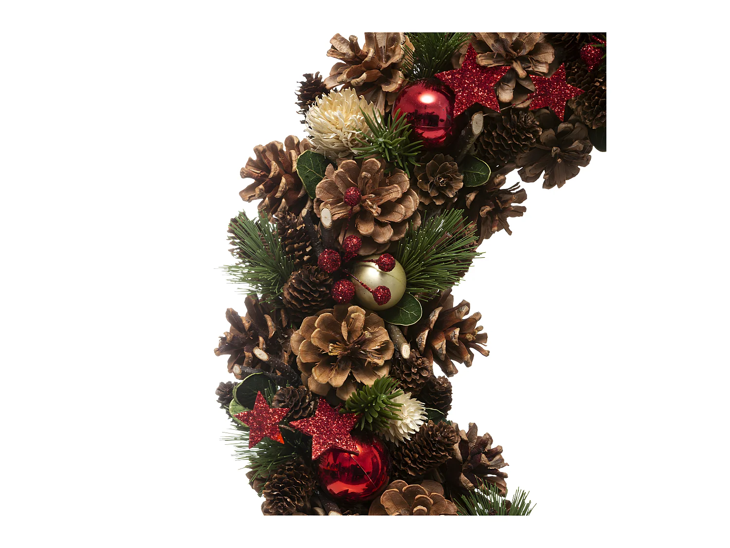 Couronne de Noël avec Houx Pomme de pins et Étoiles paillettes rouge D 50 cm