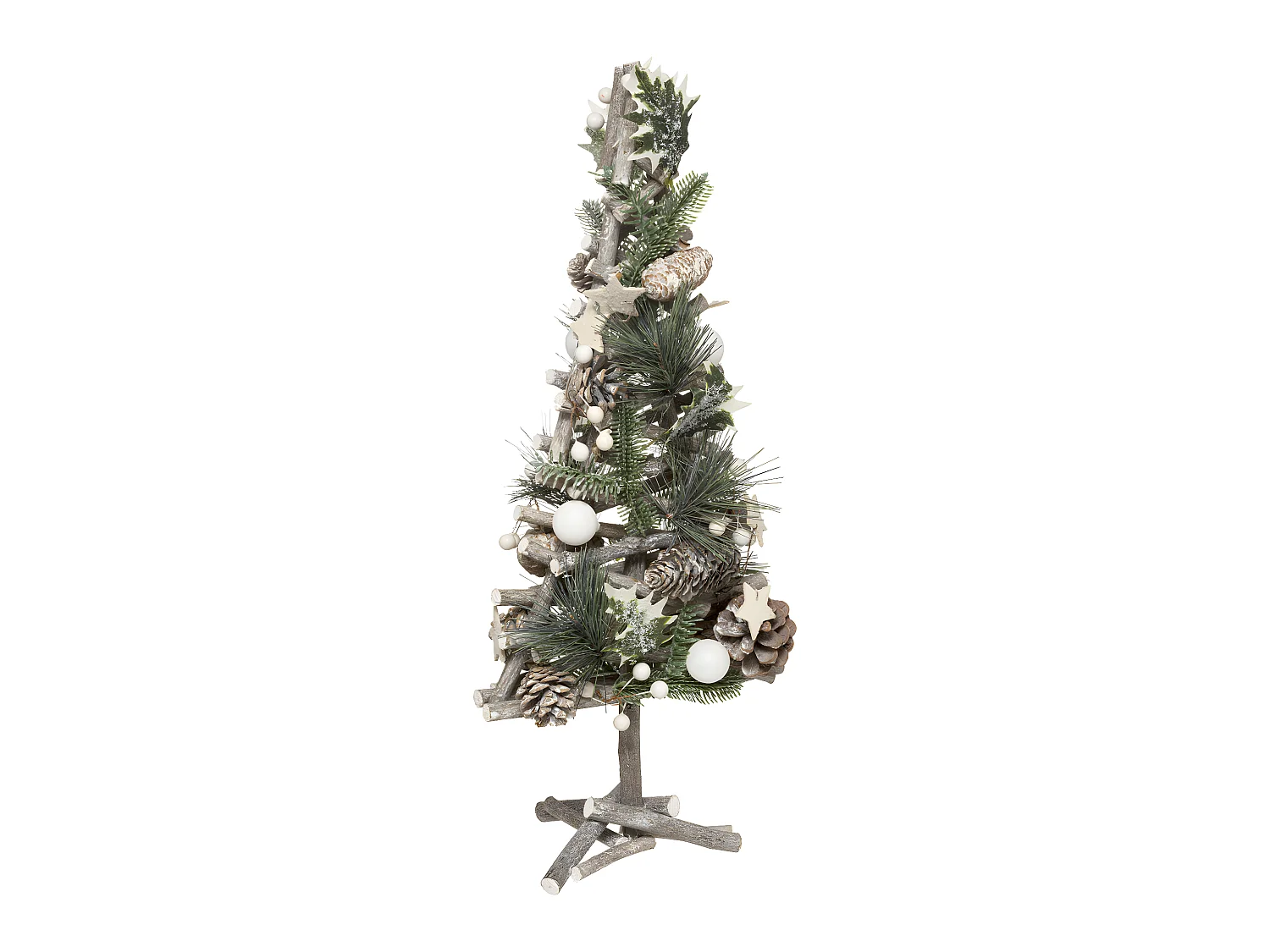 Sapin en bois avec déco nature Branches Pommes de pin et Etoiles H 55 cm