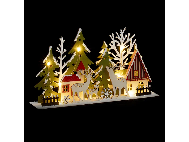 Déco lumineuse Rennes & Sapins en Bois 13 LED Blanc chaud 30 x 17 cm