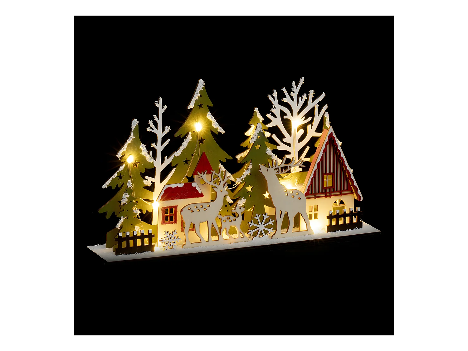 Déco lumineuse Rennes & Sapins en Bois 13 LED Blanc chaud 30 x 17 cm