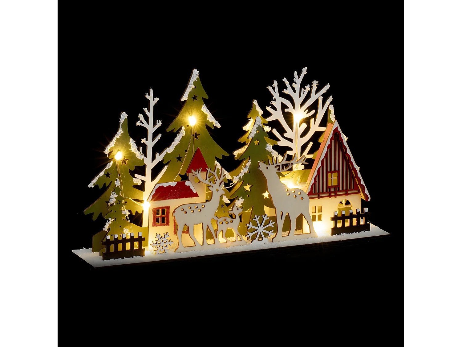 Déco lumineuse Rennes & Sapins en Bois 13 LED Blanc chaud 30 x 17 cm
