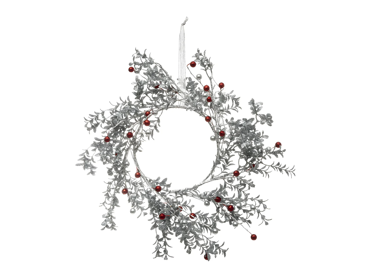 Couronne de Noël Branches argentées et pailletées avec baies rouges D 40 cm
