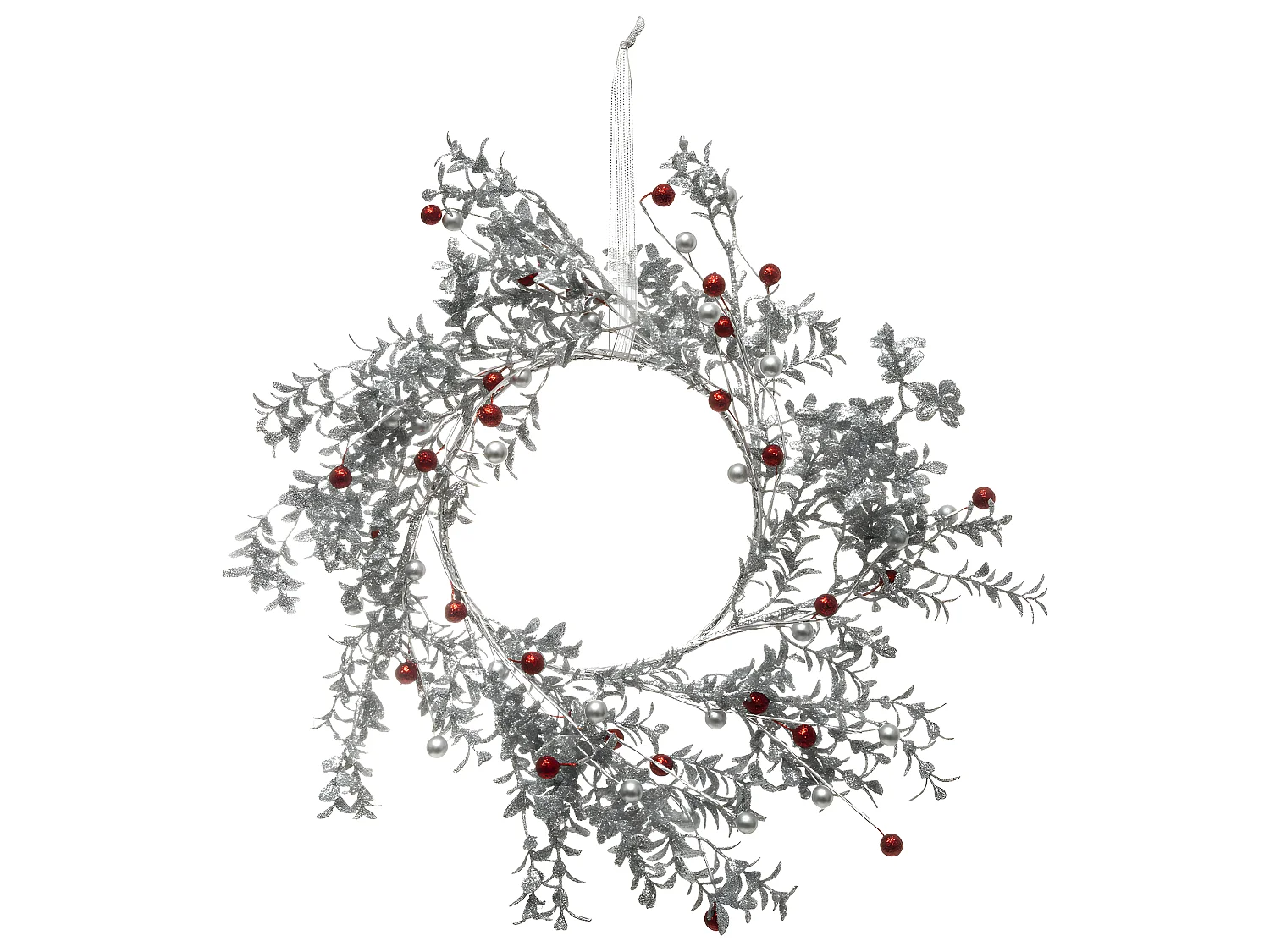 Couronne de Noël Branches argentées et pailletées avec baies rouges D 40 cm