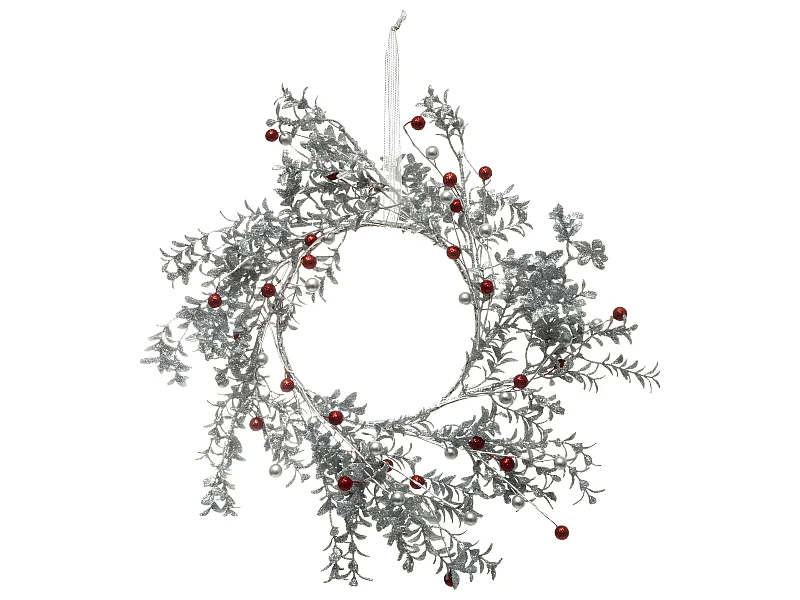 Couronne de Noël Branches argentées et pailletées avec baies rouges D 40 cm