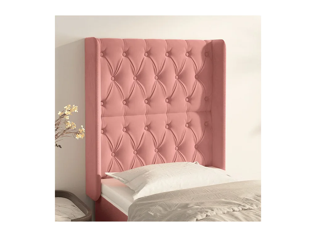 Cabecero | Cabezal de Cama | Mueble cabecero con orejas de terciopelo rosa 83x16x118/128 cm