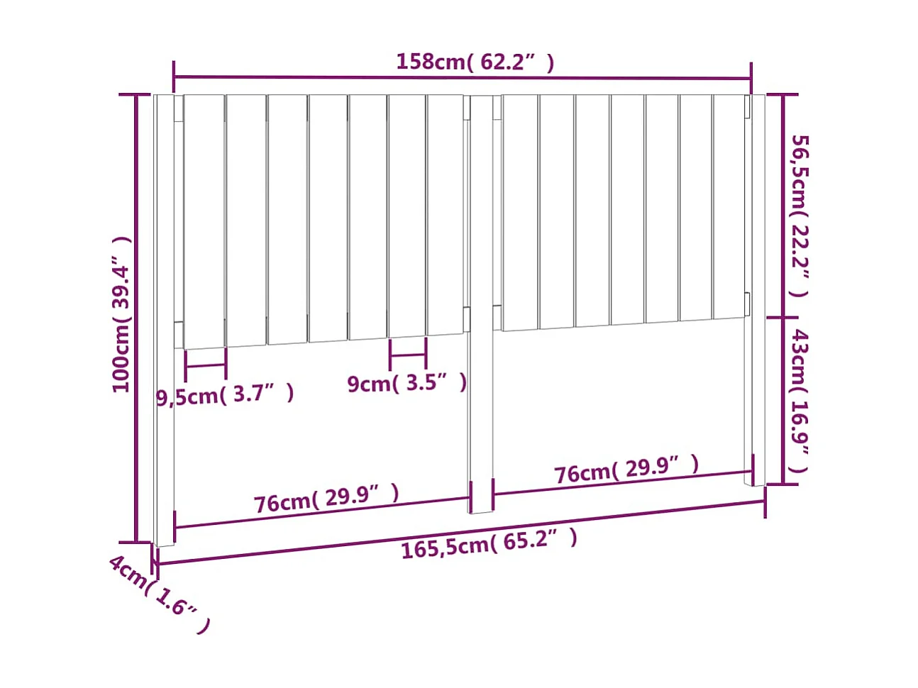 Hoofdbord | Hoofdeinde 165,5x4x100 cm massief grenenhout zwart