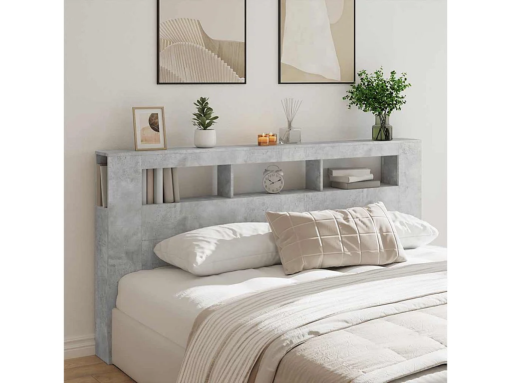 Mueble cabecero | Cabecero | Cabezal de cama LED madera ingeniería gris hormigón 200x18,5x103,5 cm