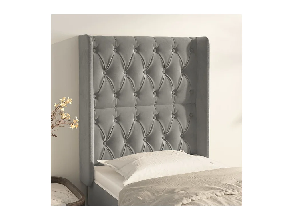 Cabecero | Cabezal de Cama | Mueble cabecero con orejas de terciopelo gris claro 83x16x118/128 cm