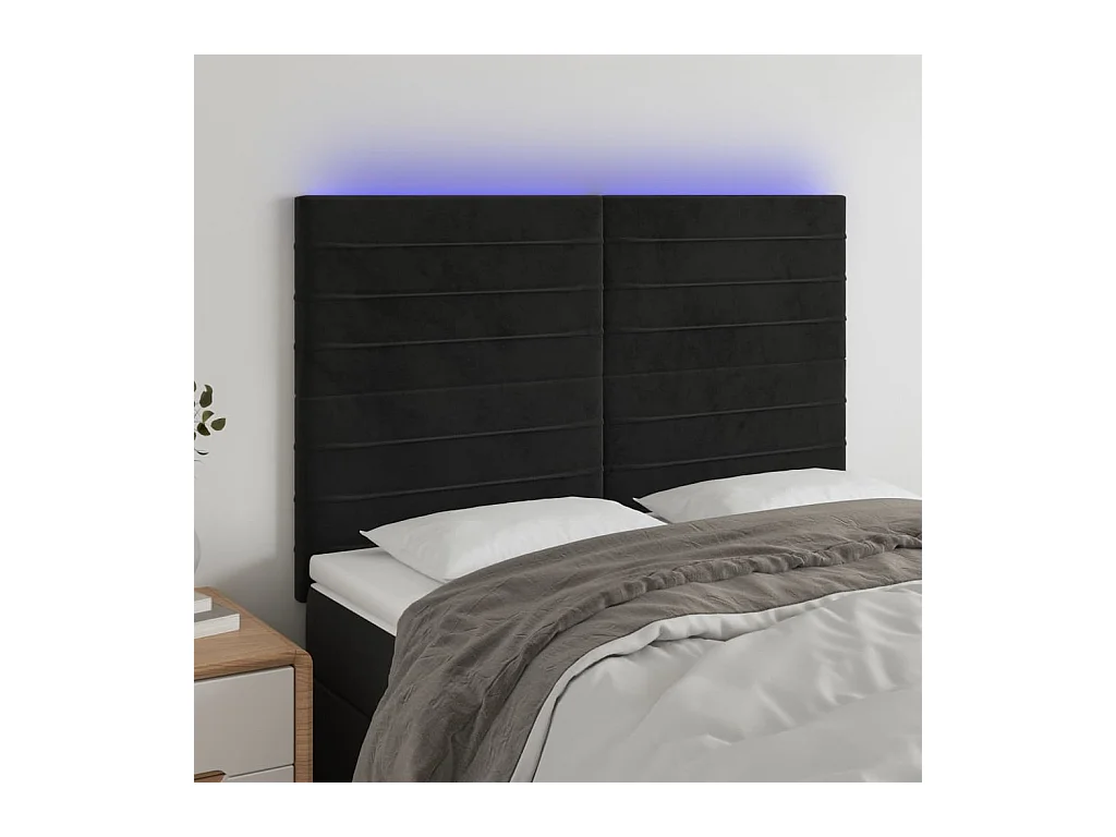 Cabecero | Cabezal de Cama | Mueble cabecero con luces LED terciopelo negro 144x5x118/128 cm