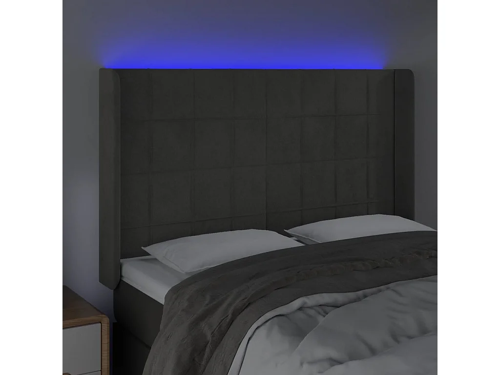 Tête de Lit | Panneau de tête pour lit Moderne à LED Gris foncé 147x16x118/128 cm Velours
