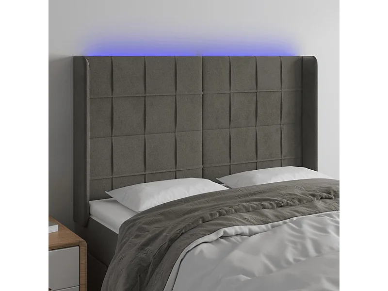 Tête de Lit | Panneau de tête pour lit Moderne à LED Gris foncé 147x16x118/128 cm Velours