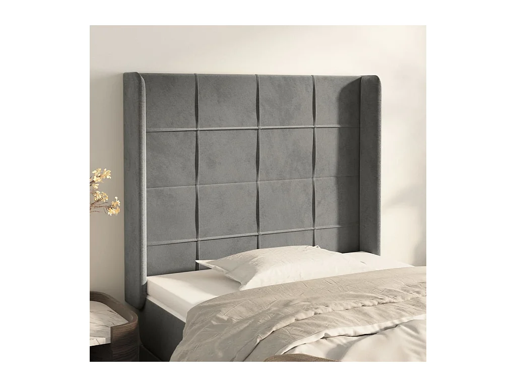 Tête de Lit | Panneau de tête pour lit Moderne avec oreilles Gris clair 93x16x118/128 cm Velours
