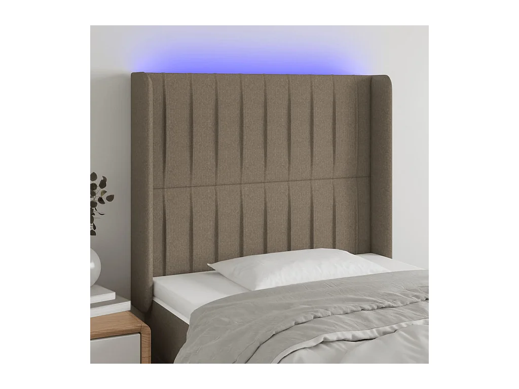 Mueble cabecero | Cabezal de cama | Cabecero con LED de tela gris taupe 83x16x118/128 cm