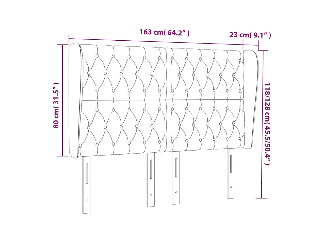 Cabecero | Cabezal de Cama | Mueble cabecero con orejas de terciopelo gris claro 163x23x118/128 cm
