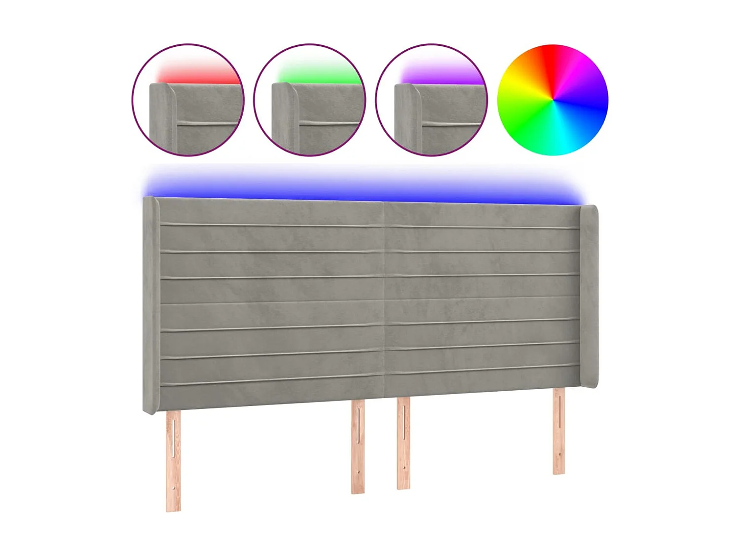 Tête de Lit | Panneau de tête pour lit Moderne à LED Gris clair 203x16x118/128 cm Velours