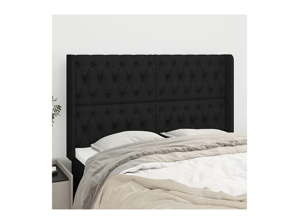 Cabecero | Cabezal de Cama | Mueble cabecero con orejas de tela negro 163x16x118/128 cm