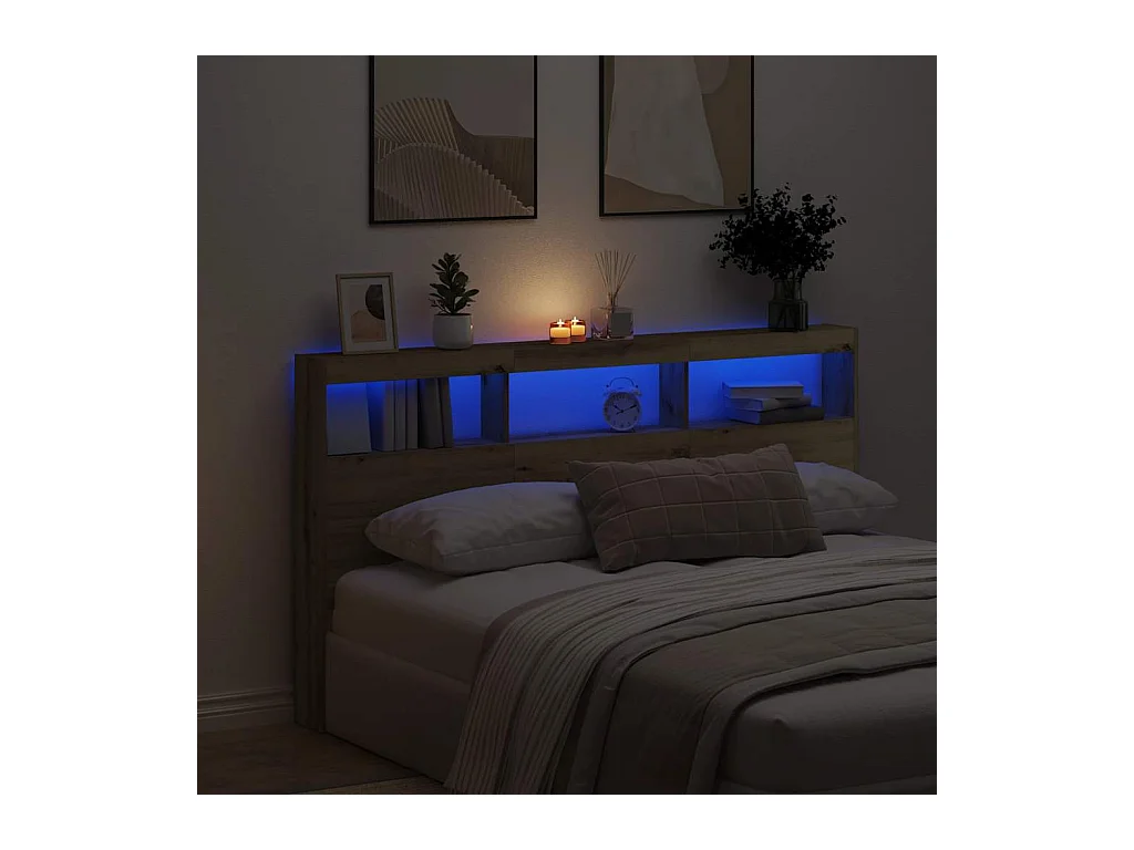 Cabecero de Cama | Cabezal de cama | Mueble de cabecero con LED roble artesanal 180x17x102 cm