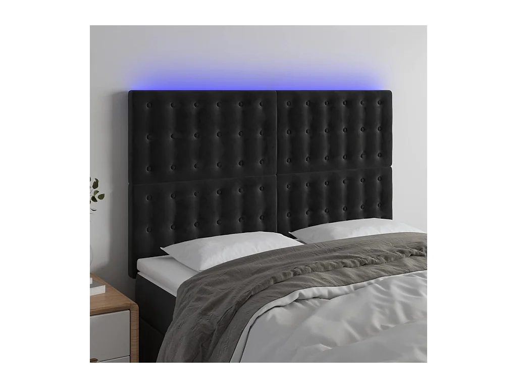 Cabecero | Cabezal de Cama | Mueble cabecero con luces LED terciopelo negro 144x5x118/128 cm