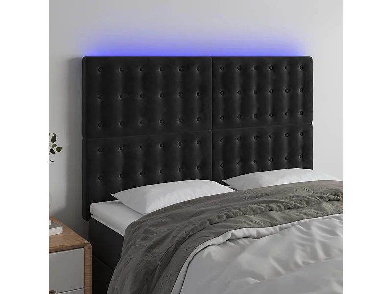 Cabecero | Cabezal de Cama | Mueble cabecero con luces LED terciopelo negro 144x5x118/128 cm