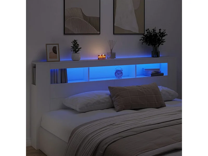 Cabecero | Cabezal de Cama | Mueble cabecero con LED madera de ingeniería blanco 220x18,5x103,5 cm
