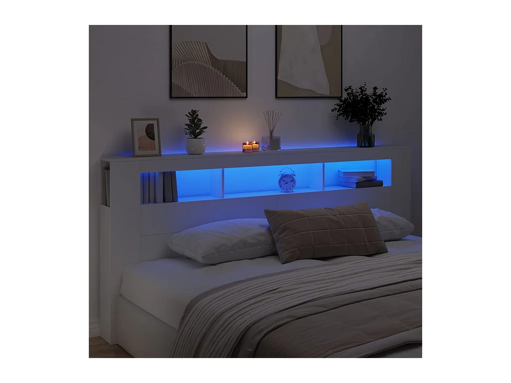Cabecero | Cabezal de Cama | Mueble cabecero con LED madera de ingeniería blanco 220x18,5x103,5 cm
