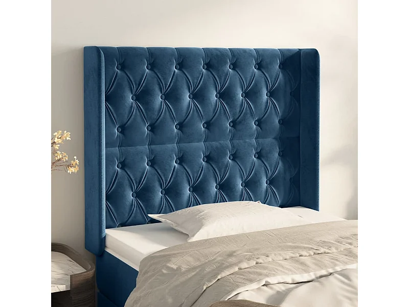 Cabecero | Cabezal de Cama | Mueble cabecero con orejas de terciopelo azul oscuro 93x16x118/128 cm