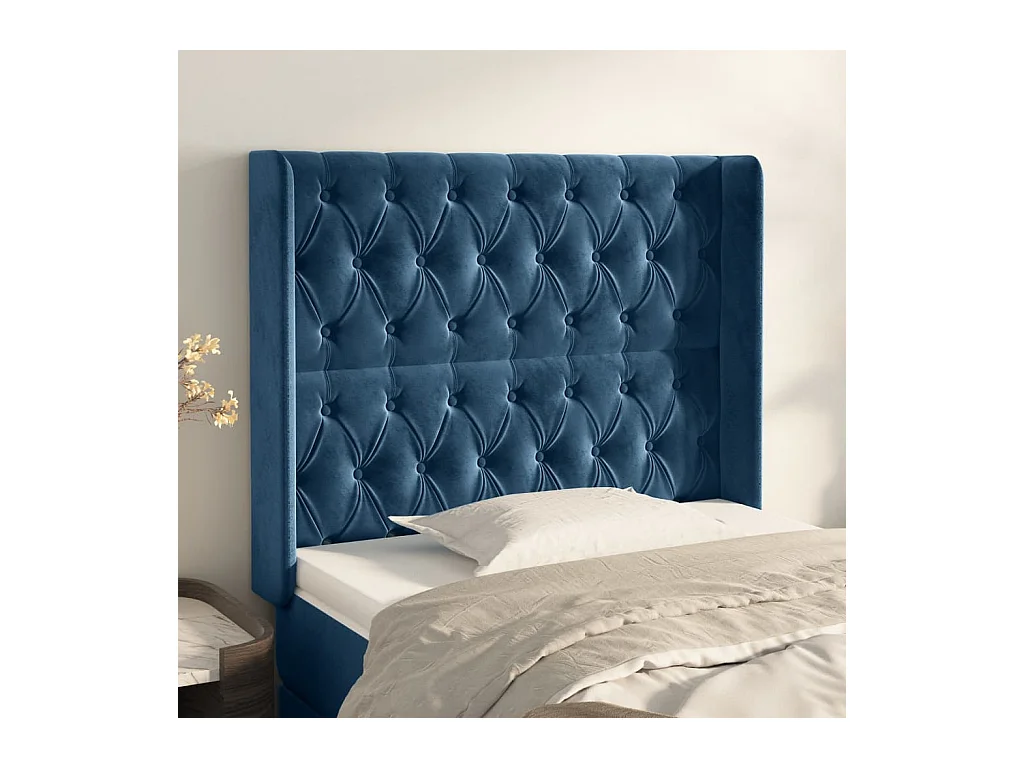 Cabecero | Cabezal de Cama | Mueble cabecero con orejas de terciopelo azul oscuro 93x16x118/128 cm