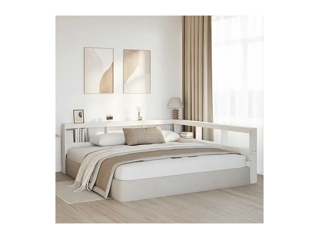 Mueble cabecero | Cabecero | Cabezal de cama librería en forma de L madera maciza pino blanco 200cm