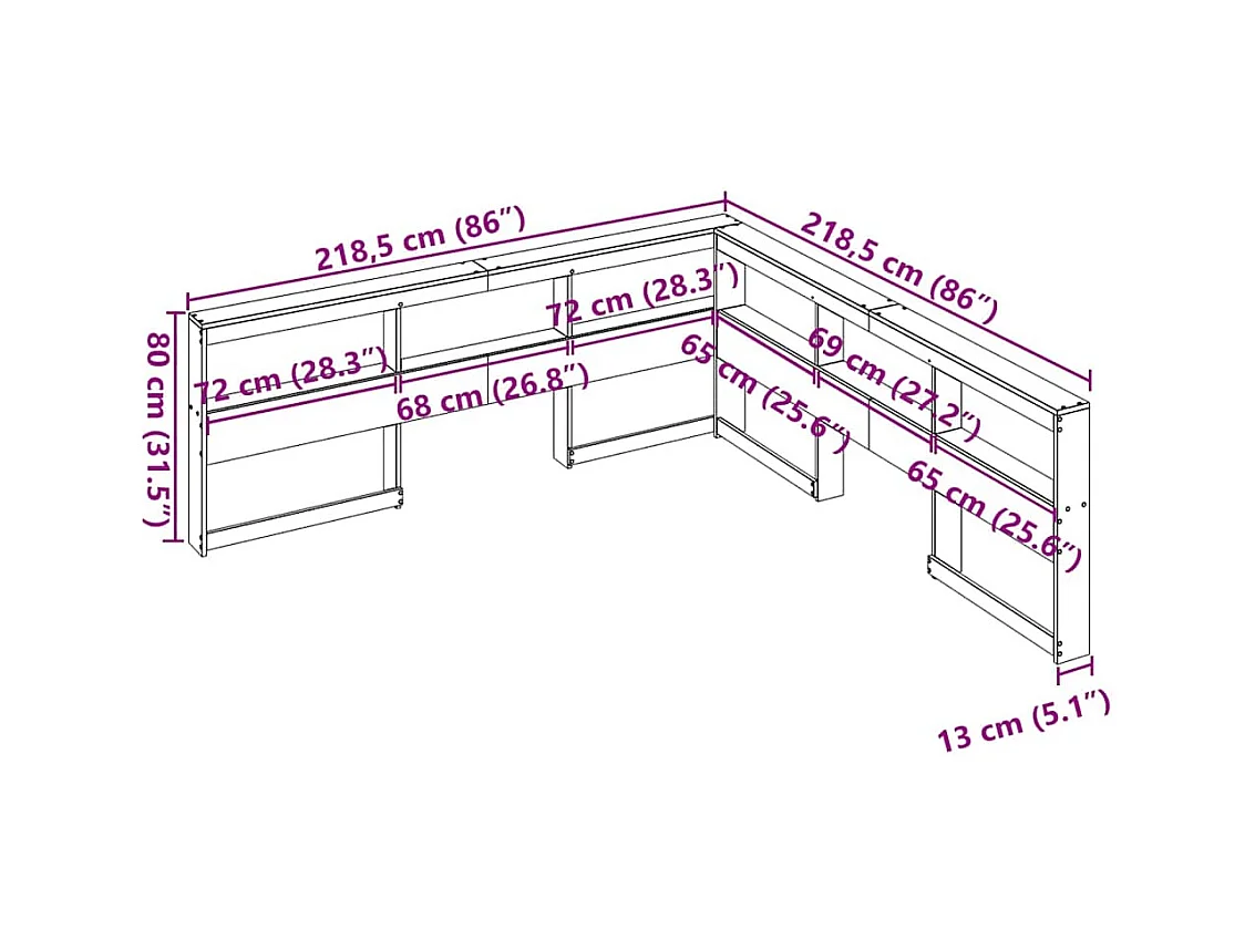 Mueble cabecero | Cabecero | Cabezal de cama librería en forma de L madera maciza pino blanco 200cm