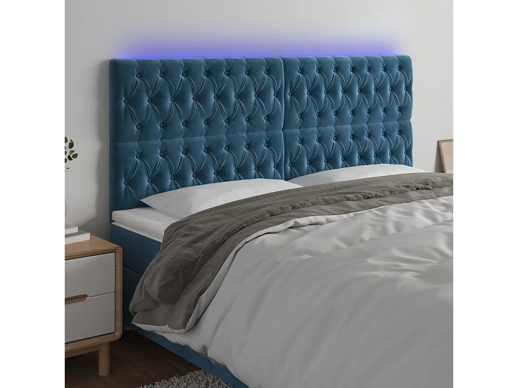 Tête de Lit | Panneau de tête pour lit Moderne à LED Bleu foncé 200x7x118/128 cm Velours