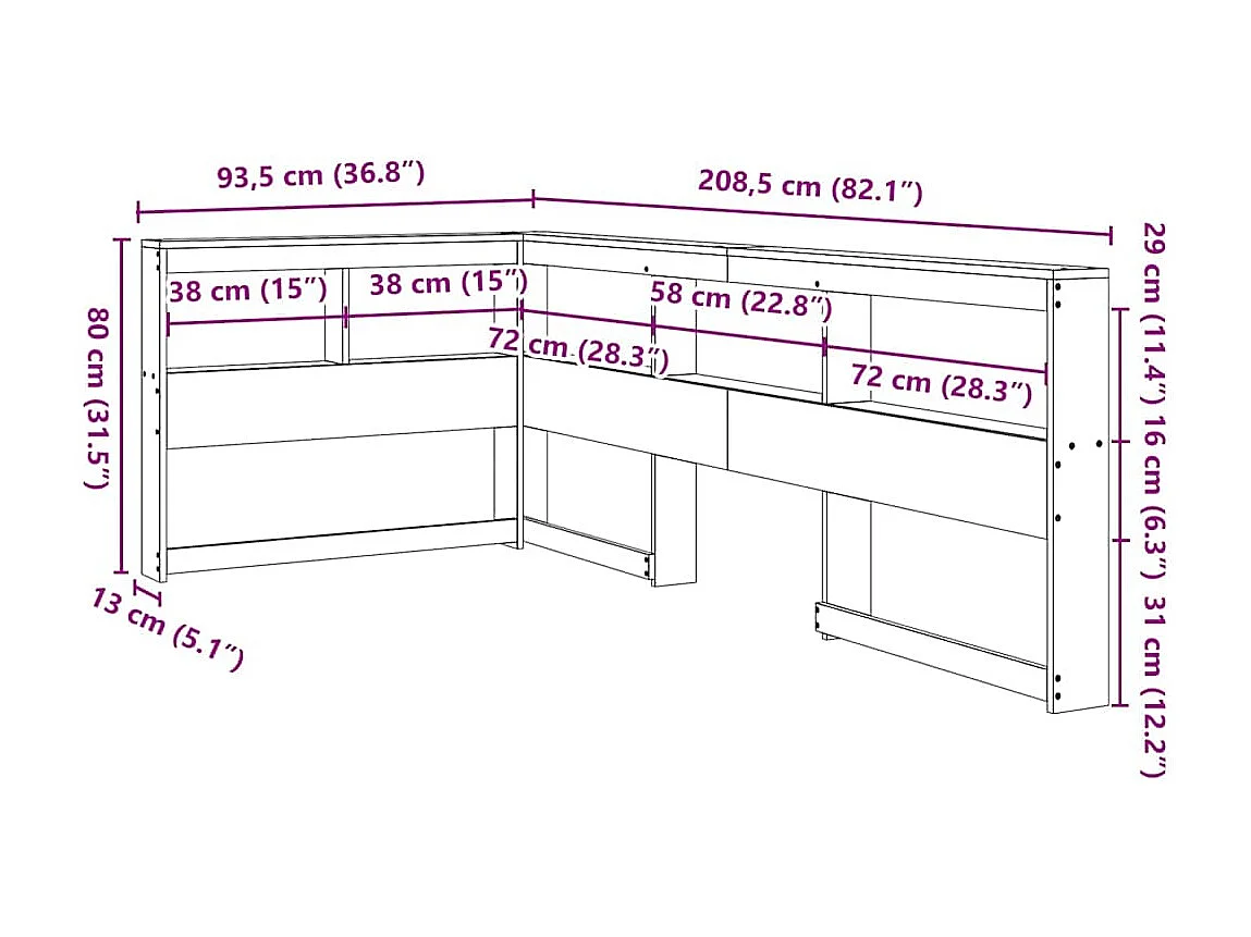Mueble cabecero | Cabecero | Cabezal de cama librería en forma L madera maciza pino blanco 75 cm