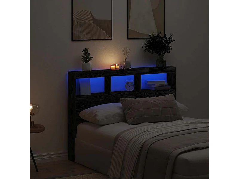 Cabecero de Cama | Cabezal de cama | Mueble de cabecero con LED roble negro 140x17x102 cm