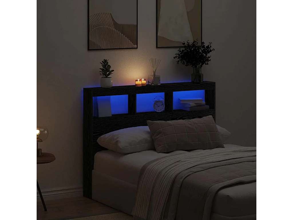 Tête de Lit avec rangement | Armoire de tête de lit avec LED chêne noir 140x17x102 cm
