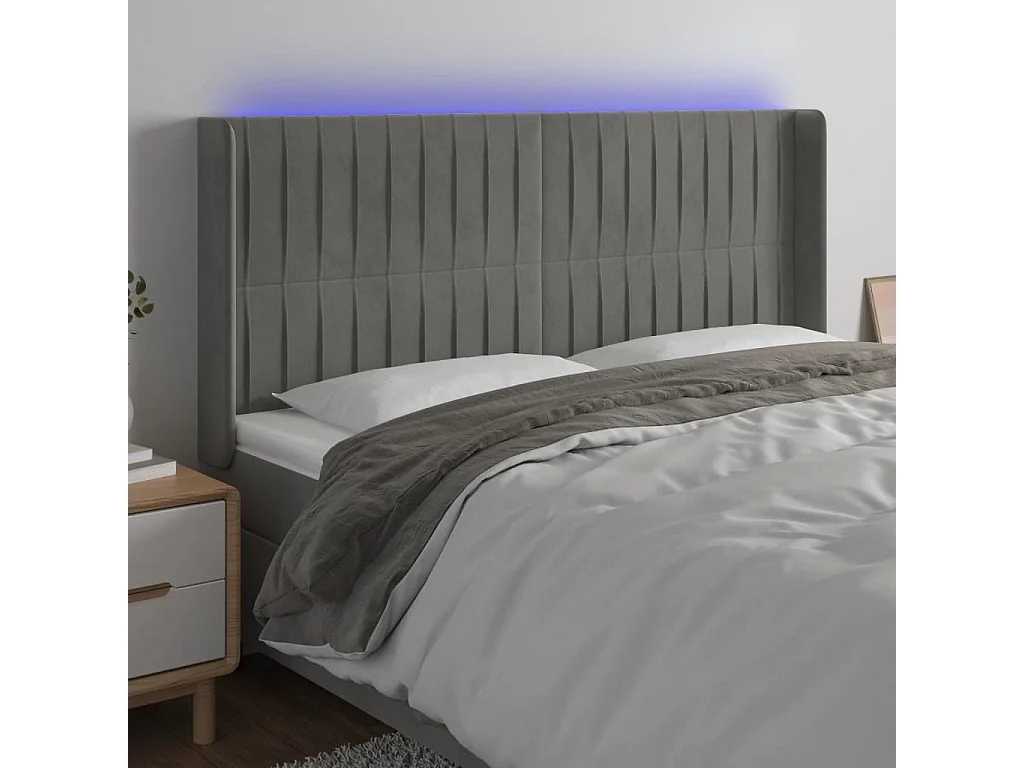Tête de Lit | Panneau de tête pour lit Moderne à LED Gris clair 163x16x118/128 cm Velours