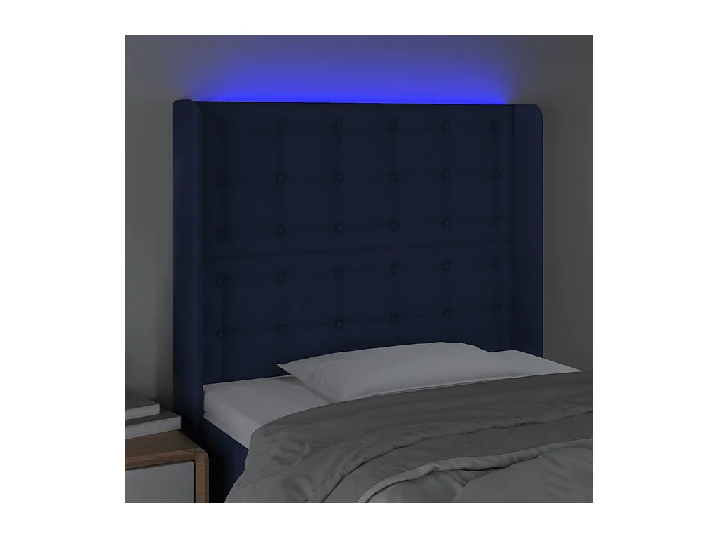 Mueble cabecero | Cabezal de cama | Cabecero con LED de tela azul 83x16x118/128 cm
