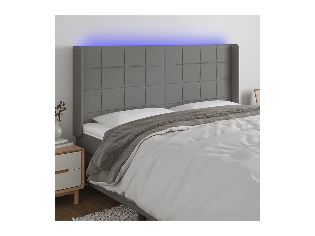 Mueble cabecero | Cabezal de cama | Cabecero con LED de tela gris oscuro 163x16x118/128 cm