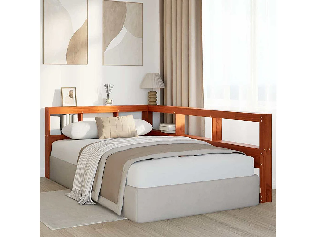Cabecero cama | Cabezal de cama | Mueble de cabecero estantería forma L marrón encerado 120 cm