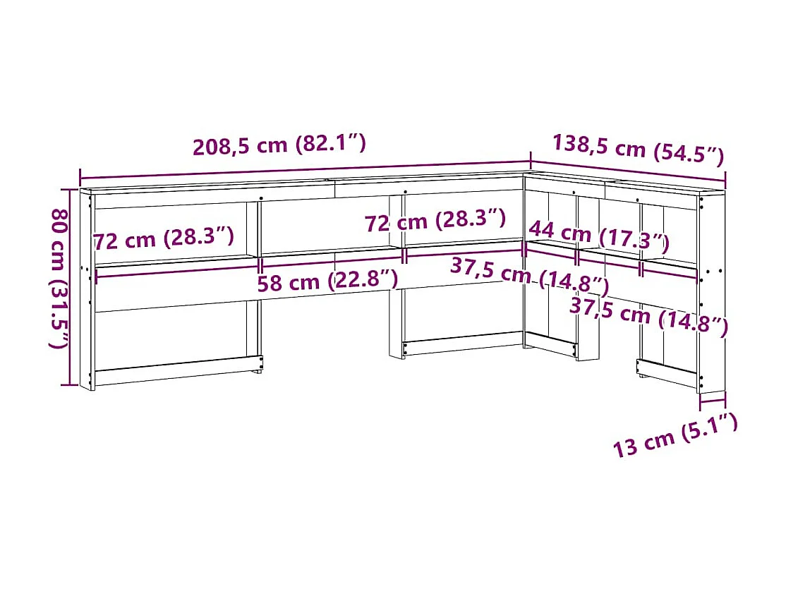 Cabecero cama | Cabezal de cama | Mueble de cabecero estantería forma L marrón encerado 120 cm