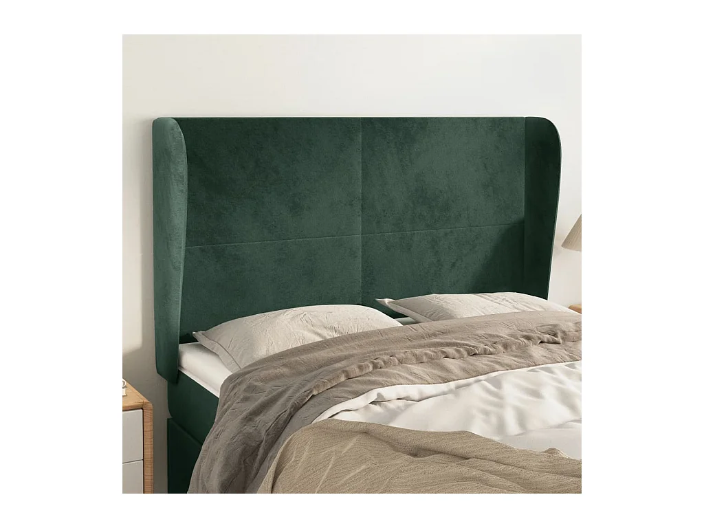 Cabecero | Cabezal de Cama | Mueble cabecero con orejas de terciopelo verde oscuro 147x23x118/128cm