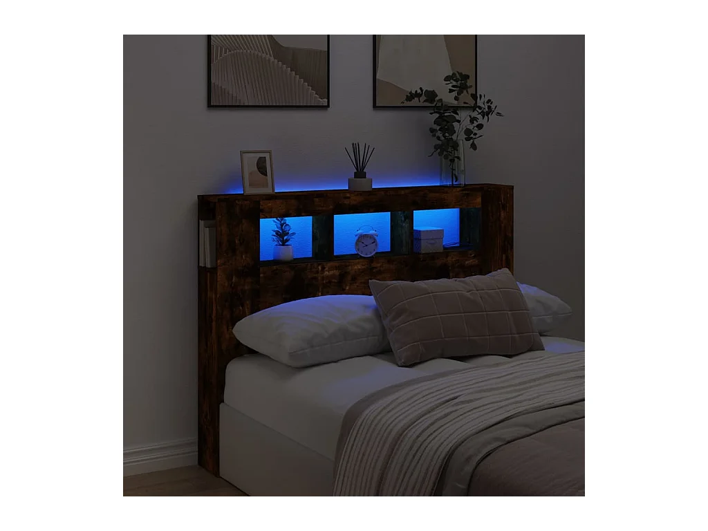 Mueble cabecero | Cabecero | Cabezal de cama LED madera ingeniería roble ahumado 140x18,5x103,5 cm